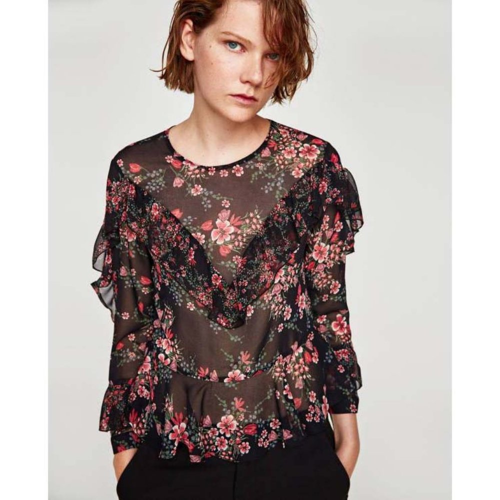 NWT ZARA Chiffon Blouse Frills Ruffled L Floral